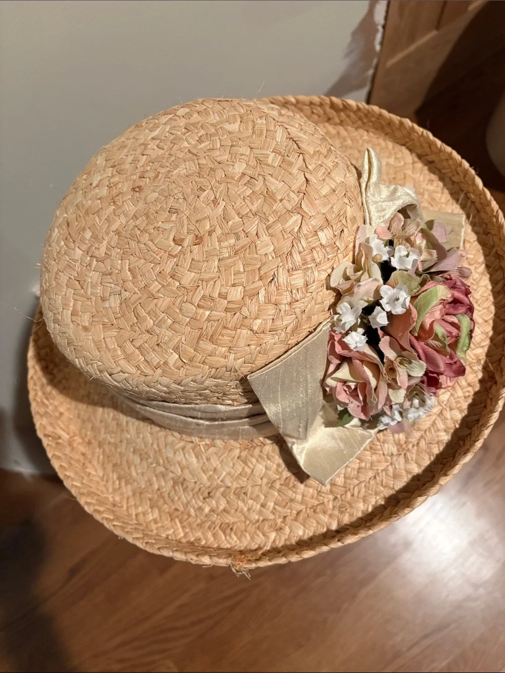 Straw Boater Hat with Pink Floral Accent